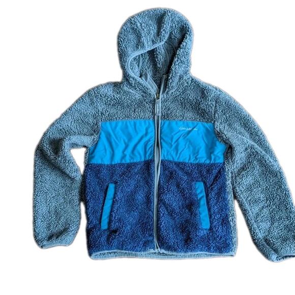 Eddie Bauer Quest Fleece Plush Hooded Jacket Boys M 10 12 Blue Gray Striped - Picture 2 of 10
